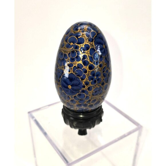 Hand-Painted Floral Wooden Egg Blue and Gold Asian Art With Black Stand je215 - Picture 9 of 12